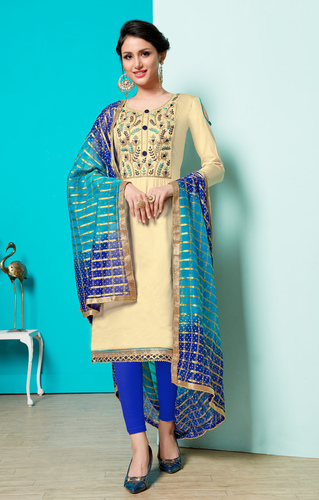 Blue Cotton Embroidered Dress Material Having Beads Work & Banarasi Dupatta