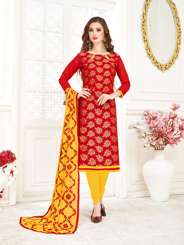 Banarasi Jacquard Un-Stitched Straight Suit - Silk, Free Size Up To 42 Inches | Trendy Ethnic Design, Breathable & Washable, Full Sleeves, Includes Thread Work Nazneen Dupatta
