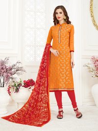 Jacquard Banarasi Unstitched Straight Suit - Cotton, Free Size (up To 42 Chest) | Anti-wrinkle, Breathable, Quick Dry, Thread Work Nazneen Dupatta, Contrast Color Edge