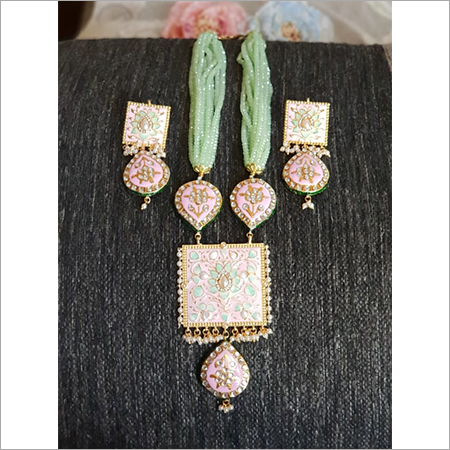 Long Kundan Pendant Necklace Set Drop Earrings