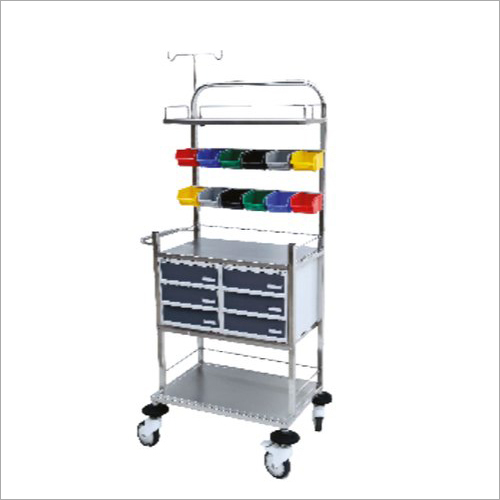 SS Crash Cart Trolley - Stainless Steel, 762x456x862 mm | Six Smooth Drawers, 12 Colored Bins, Mobile on 125 mm Castors
