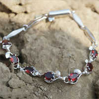 Oval Natural Garnet Sterling Silver Jewelry 925 Bracelet - Silver Alloy, 7.5 Inches, Red & Silver | Trendy, Polished, Modern Design For Women & Children