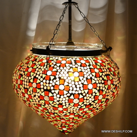 Red And White Rooftop Multi Mosaic Glass Wall Hanging Lamp - Design: Modern Art