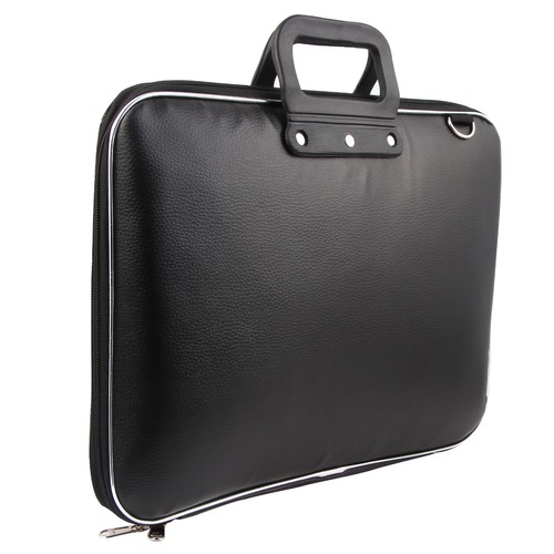 Designer Laptop Bags - Leather Material, Small to Large Size, Black Color - Zipper Lock Closure, Unisex, Plain Pattern, Handle Style