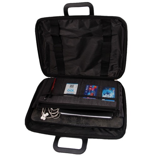 Leather Laptop Bag - Small to Large Size, Black Color, Zipper Lock Closure, Unisex Design, Plain Pattern, Handle Style