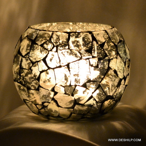Crack shaped Silver Glass T Light Candle Holder