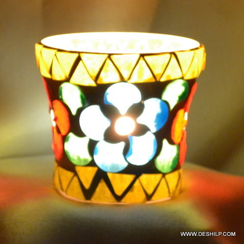 Flower Designed T Light Candle Holder With Mosaic - Finishing: Polishing