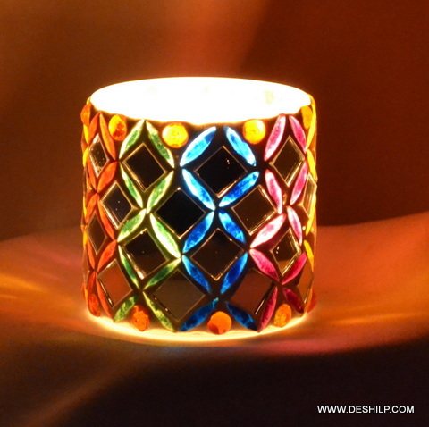Small size Multi Mosaic Glass Candle Holder