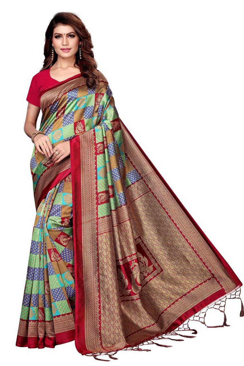 New Printed Art Silk Saree With Jhalar