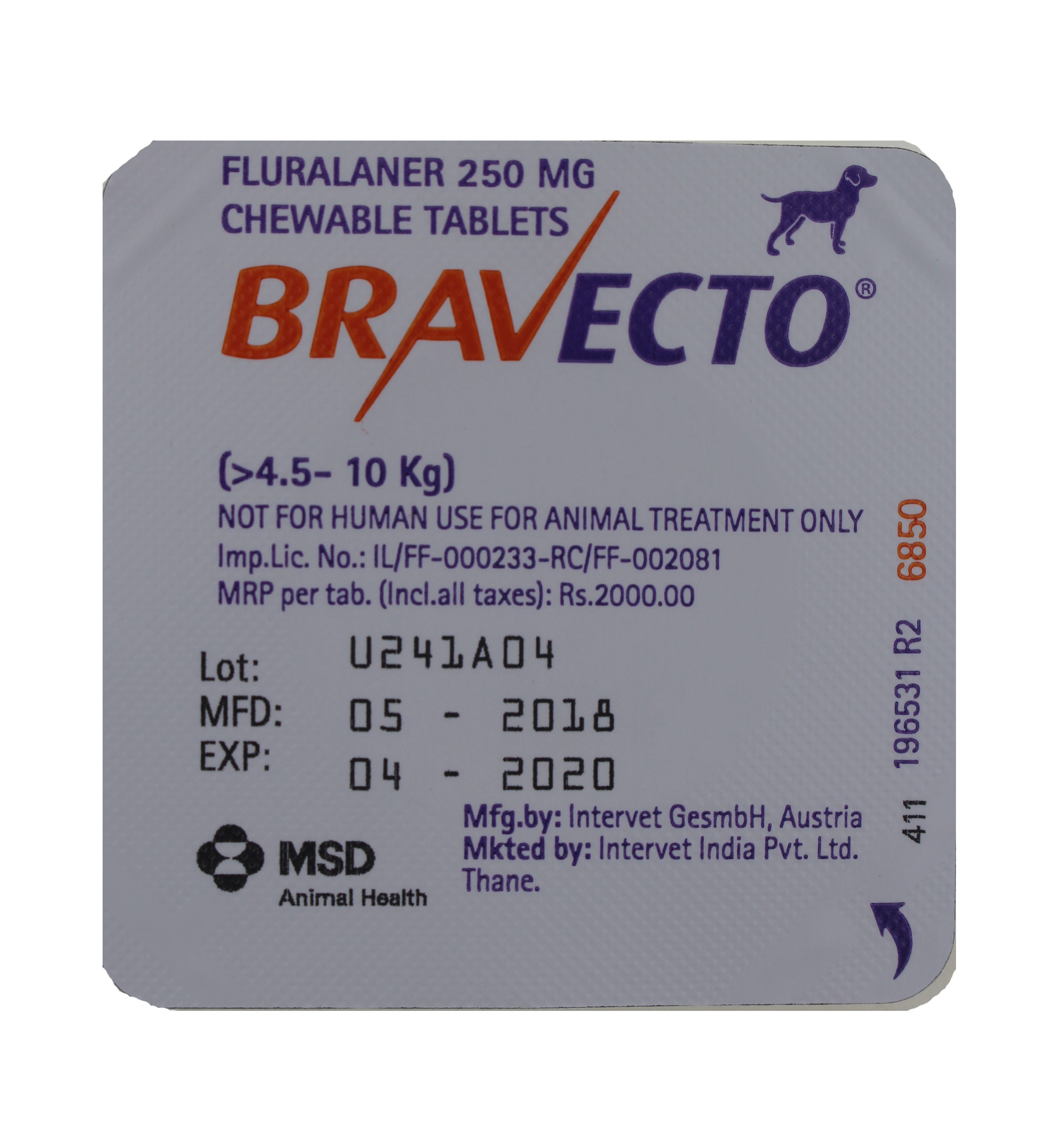 250mg Bravecto Chewable Tablets-FLURALANER 250MGc