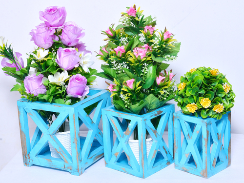 Indian Handmade Wooden Rustic Painted Risers Home Decorative Flower Pot