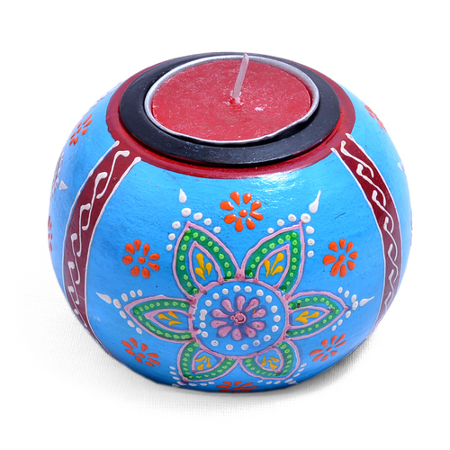 Blue Indian Home Decor Emboss Painted Wooden Ball Tea Light