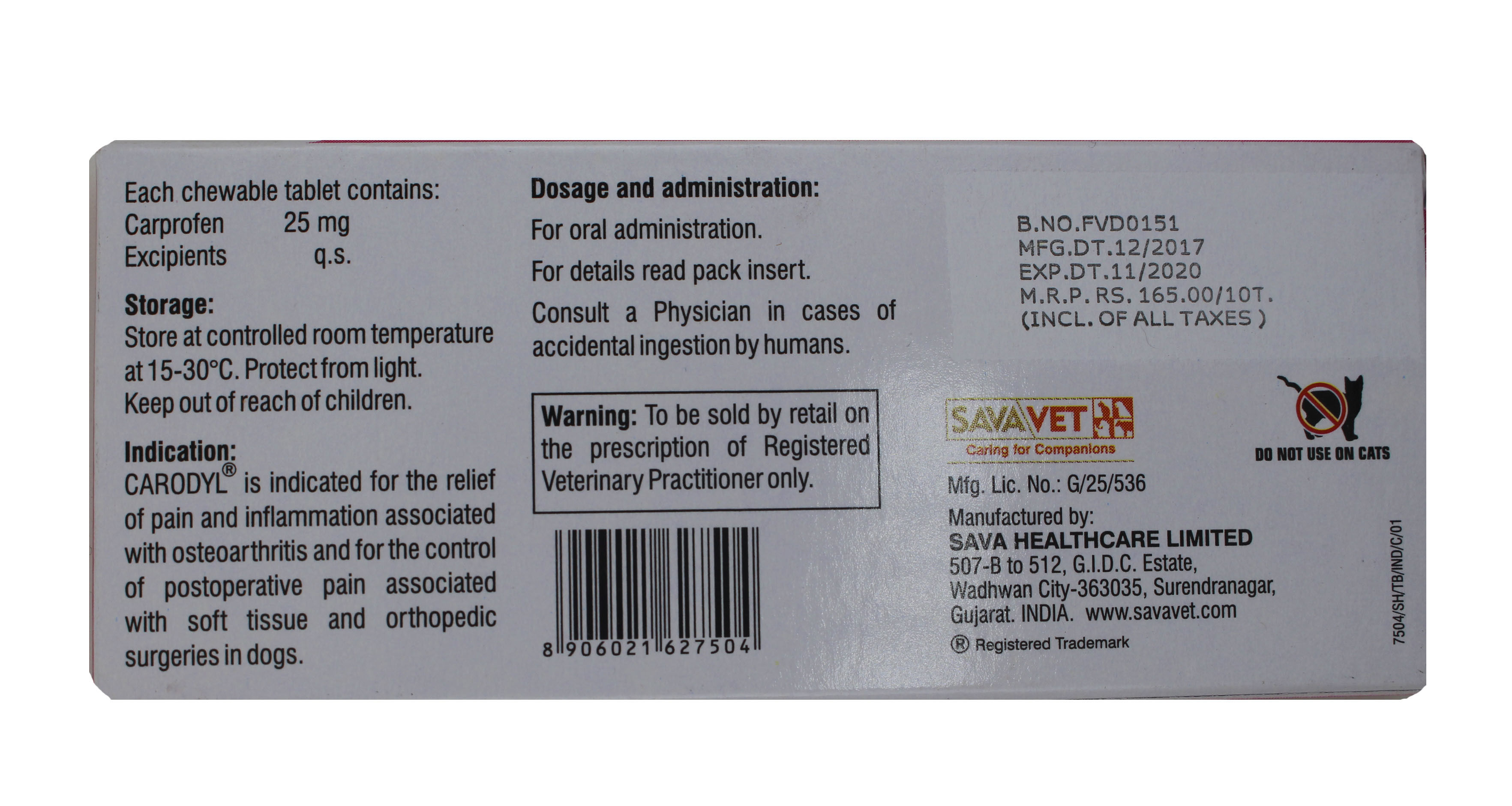 25 Mg Carprofen Savavet Carodyl Tablets