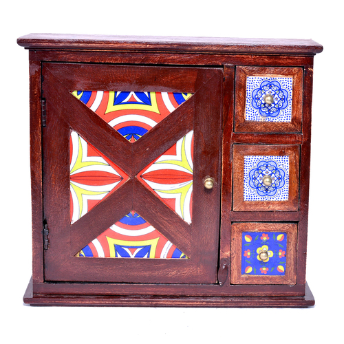 Decorative Indian Handmade Wooden Tiles Drawer Key Holder Box