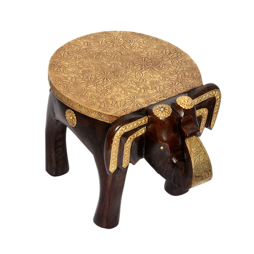 Antique Home Decoration Handmade Wooden Brass Fitted Elephant Stool