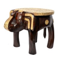 Antique Home Decoration Handmade Wooden Brass Fitted Elephant Stool