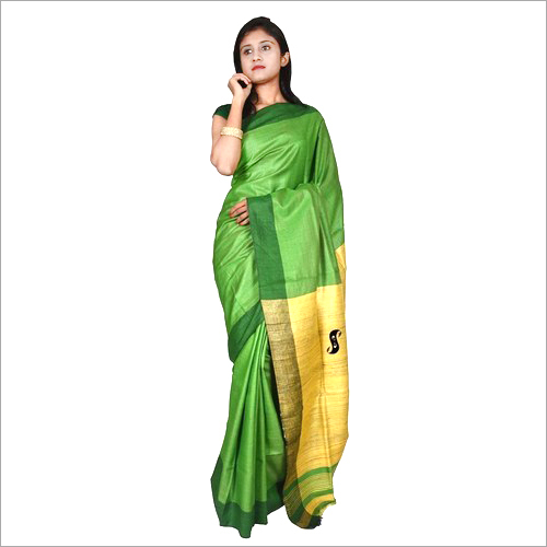 Ladies Tussar Staple Ghicha Silk Saree - Cotton Silk Material, Elegant Green and Yellow Color | Shimmering Texture, Ideal for Weddings, Requires Dry Cleaning
