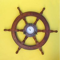 Iron Porthole Clock Wooden Ship Wheel 24 Inch - Solid Wood, 24 Inch, Brown | Brass Porthole Clock, Round, Indoor Outdoor Decor