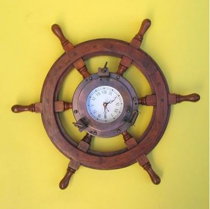 Iron Porthole Clock Wooden Ship Wheel 18 Inch