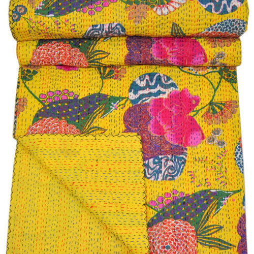 Yellow Fruit Prints Kantha Bedspread