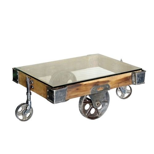 Industrial Wooden with Glass Coffee Table Trolley