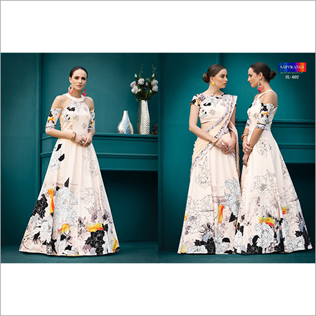 Designer Gown - Rayon Fabric, Floor Length, Ivory White | Eye-Catching Printed Pattern, Short Sleeves, Comfortable for All Seasons