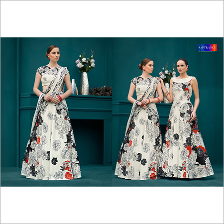Black And White Party Wear Digital Print Gown
