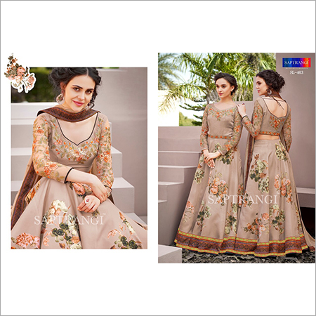 Brown V Neck Floral Gown