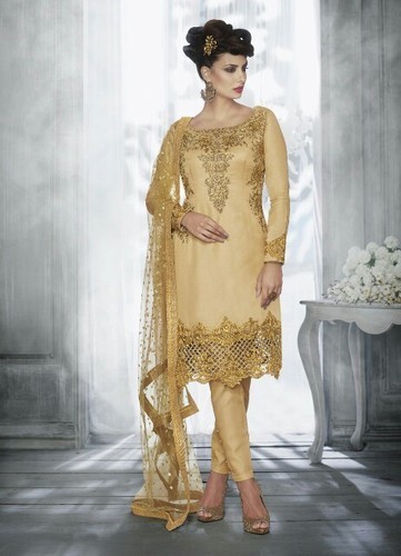 Ladies Embroidered Suit - Rayon Georgette, Custom Size, Golden Color | Embroidered Design, Washable, Ethnic Style