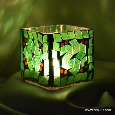 Squire Glass Green Mosaic Candle Holder for gifts