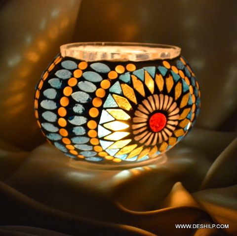 Multi Mosaic Glass Table Candle Holder
