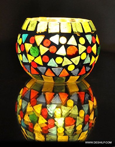 table top Multi Mosaic Glass Candle Holder