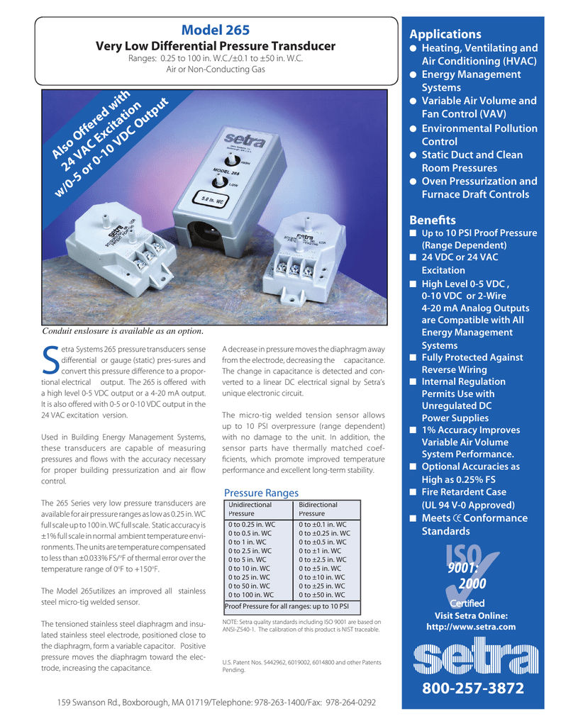 Setra USA 265 Differential Pressure Transducer Range 0- 10 Inch