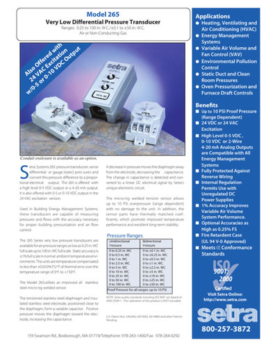 Setra USA 265 Differential Pressure Transducer Range 0- 0.5 Inch