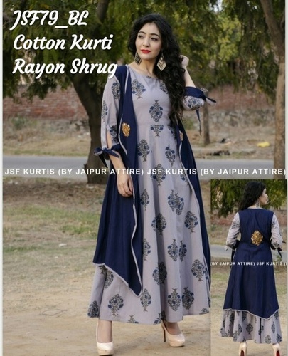 Blue Designer Cotton Kurti With Rayon Shrug