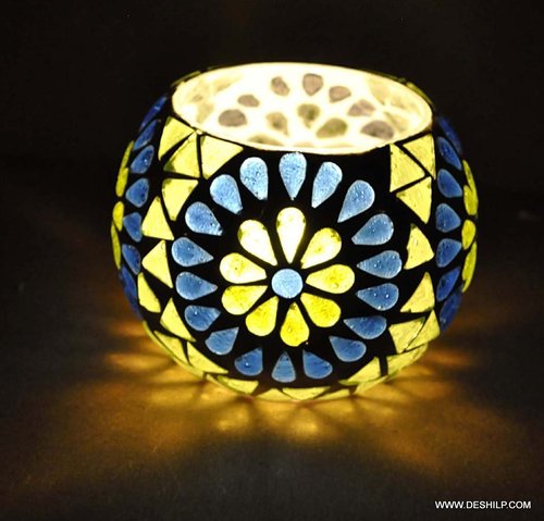 Blue Round Glass Candle Holders - Material: Mosaic