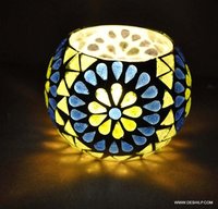 Blue Round Glass Candle Holders - Material: Mosaic