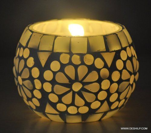 White Mosaic And Antique Effect Candle Holder