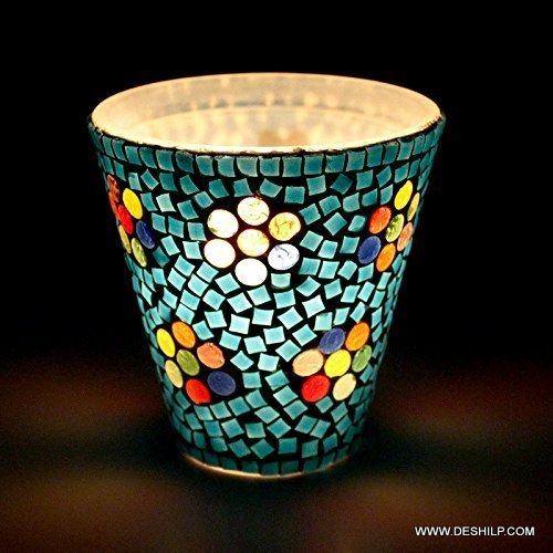 Sky Blue Mosaic Color Glass Candle Holder