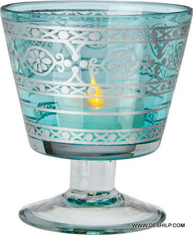 Sky Blue Color Glass Printed Candle Holder