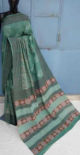 Green Designer Hand Block Printed Cotton Saree