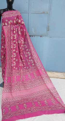 Hand Block Printed Pink Cotton Saree