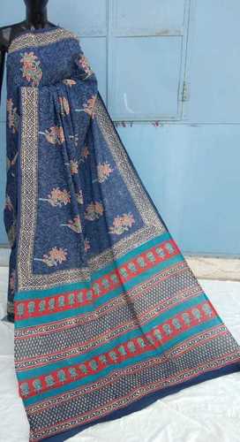 Printed Nevy Blue Ajrakh Prined Chanderi Saree