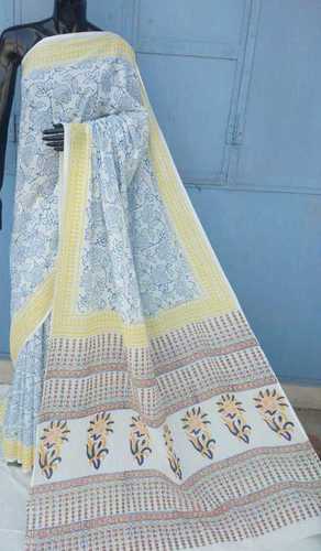 Sky Blue And All Treditional Hand Block Printed Cotton Saree