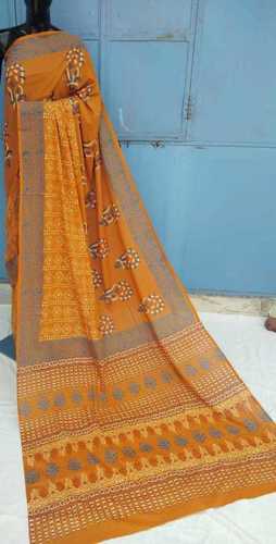 Orange Treditional Hand Block Printed Yellow Cotton Saree