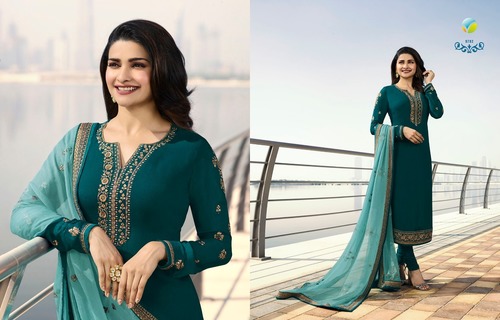 Salwar Suit - Georgette Fabric, Customized Size, Navy Blue Color, Full Sleeves, Embroidered with Decorative Foliage, Matching Bottom & Dupatta, Quick Dry Feature