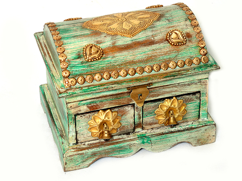 Vintage Decorative Handmade Indian Gujarati Wooden Brass Fitted Small Box