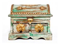 Vintage Decorative Handmade Indian Gujarati Wooden Brass Fitted Small Box