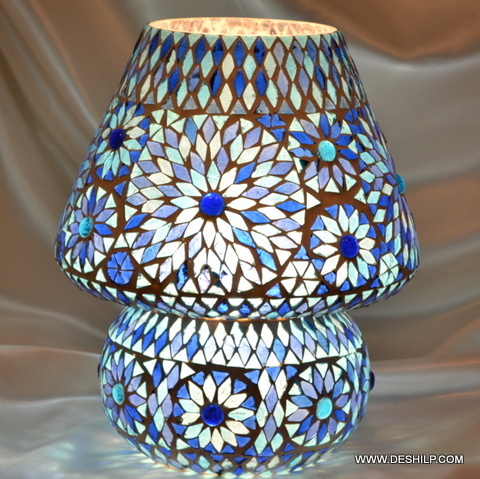 Table Top Blue Mosaic Glass Table Lamp For Night - Design: Modern Art