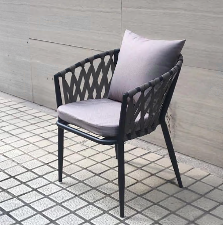 Outdoor paito black aluminum frame rope chair with cushions